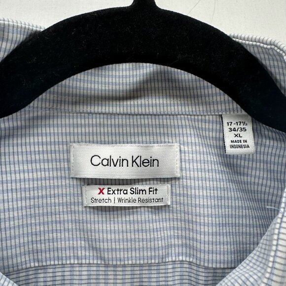 Calvin Klein Shirt Mens XL 17-17.5 34-35 X Extra Slim Fit Check Button Up Blue - Picture 7 of 11
